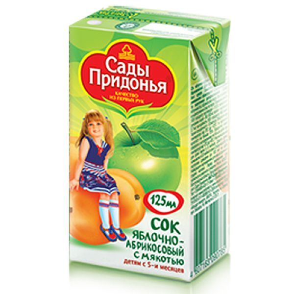Сок Сады Придонья яблоко абрикос с мякотью без сахара  125 мл 5+