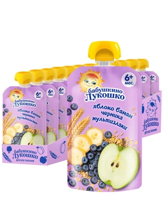 Бабушкино Лукошко пюре 125 г яблоко банан черника с мультизлак без сах. 6+ дой-пак