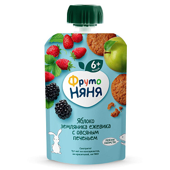 Пюре Фрутоняня яблоко земляника ежевика с овсян печеньем 90 г 6+ дой-пак