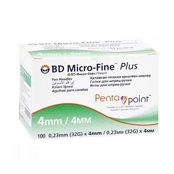 Иглы для шприц-ручки BD Micro-Fine Plus с пятигранной заточкой по технологии PentaPoint 32G 0.23х4 мм №100