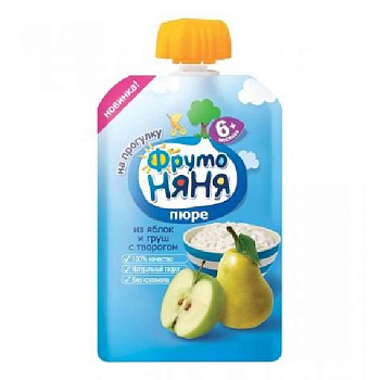 Пюре Фрутоняня яблоко груша творог 90 г 6+
