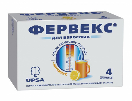 Фервекс с сахаром пор. для приг. р-ра д/приема внутрь 500 мг+25мг+200 мг 13.1 г № 4 лимон