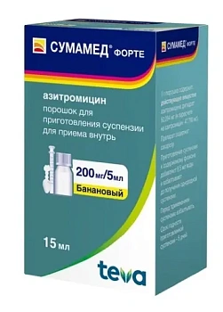 Сумамед форте пор. для приг. сусп д/приема внутрь 200 мг/5 мл 16.74 г банановый